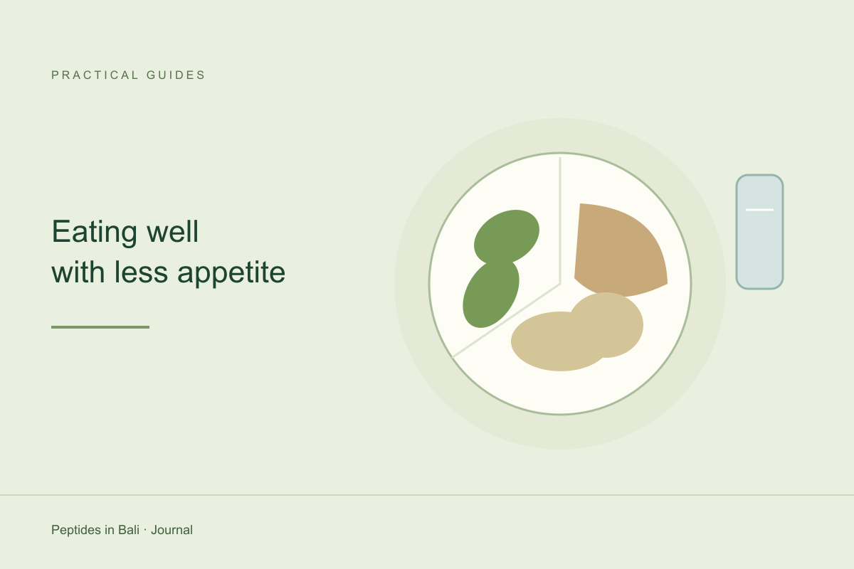Plate, rice, vegetables and a glass illustrated beside a simple meal-planning note
