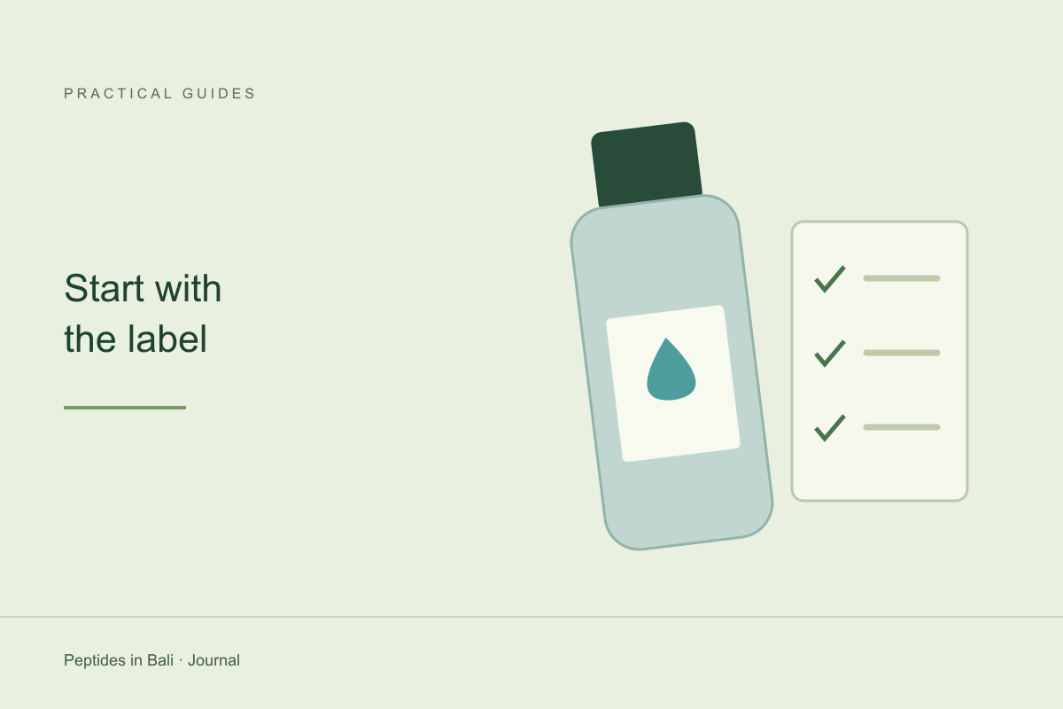 An unbranded cosmetic bottle and a label checklist, with a blue droplet as an editorial symbol