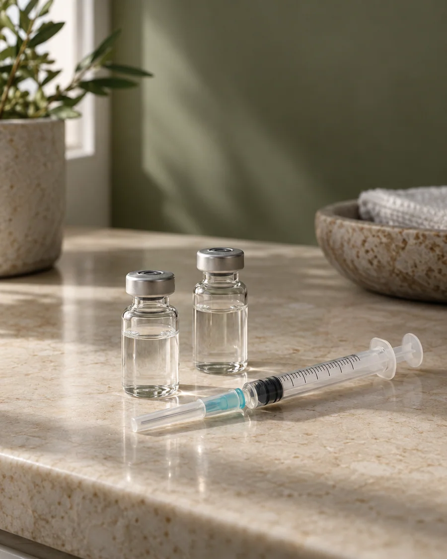 Illustrative photograph of conventional glass vials and a capped syringe.