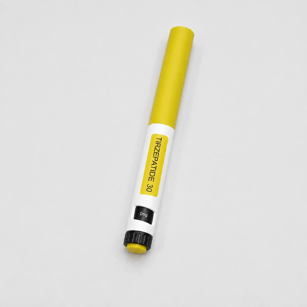 Peptides in Bali Tirzepatide 30 pen with its dose dial fully retracted, on a light studio surface.