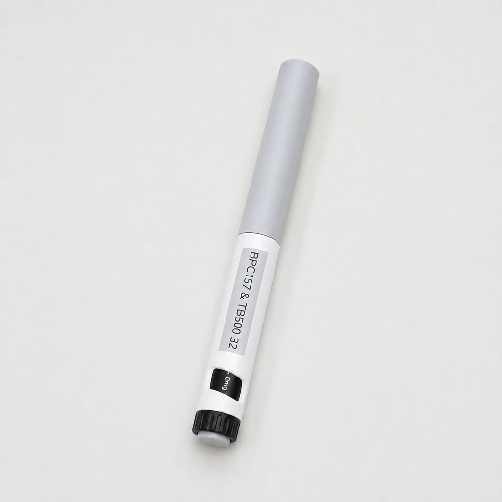 Peptides in Bali BPC157 & TB500 32 pen resting on a light neutral studio surface.
