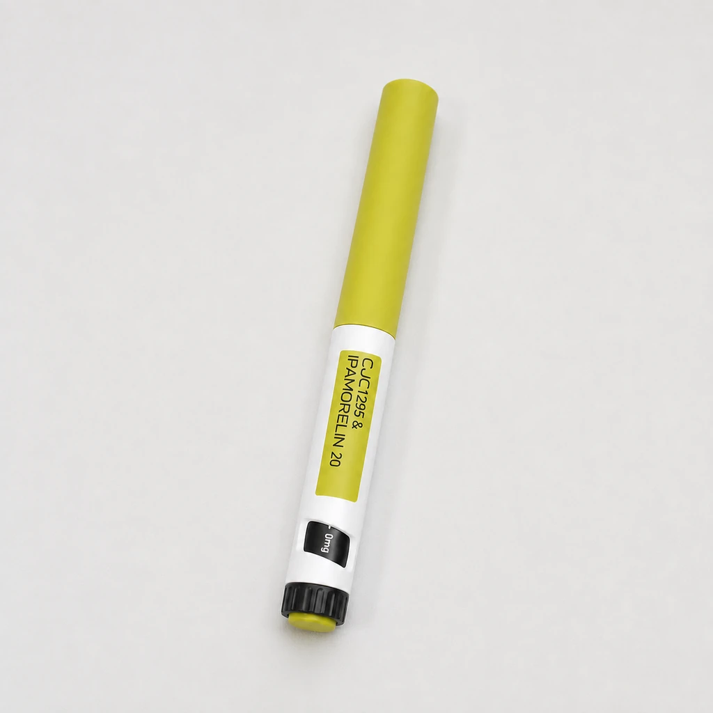 Peptides in Bali CJC1295 and Ipamorelin 20 pen resting on a light neutral studio surface.