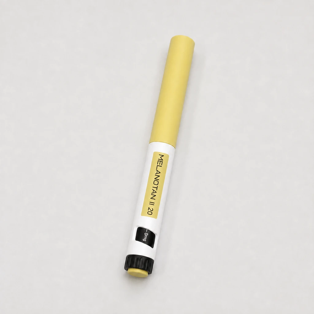 Peptides in Bali MELANOTAN II 20 pen resting on a light neutral studio surface.
