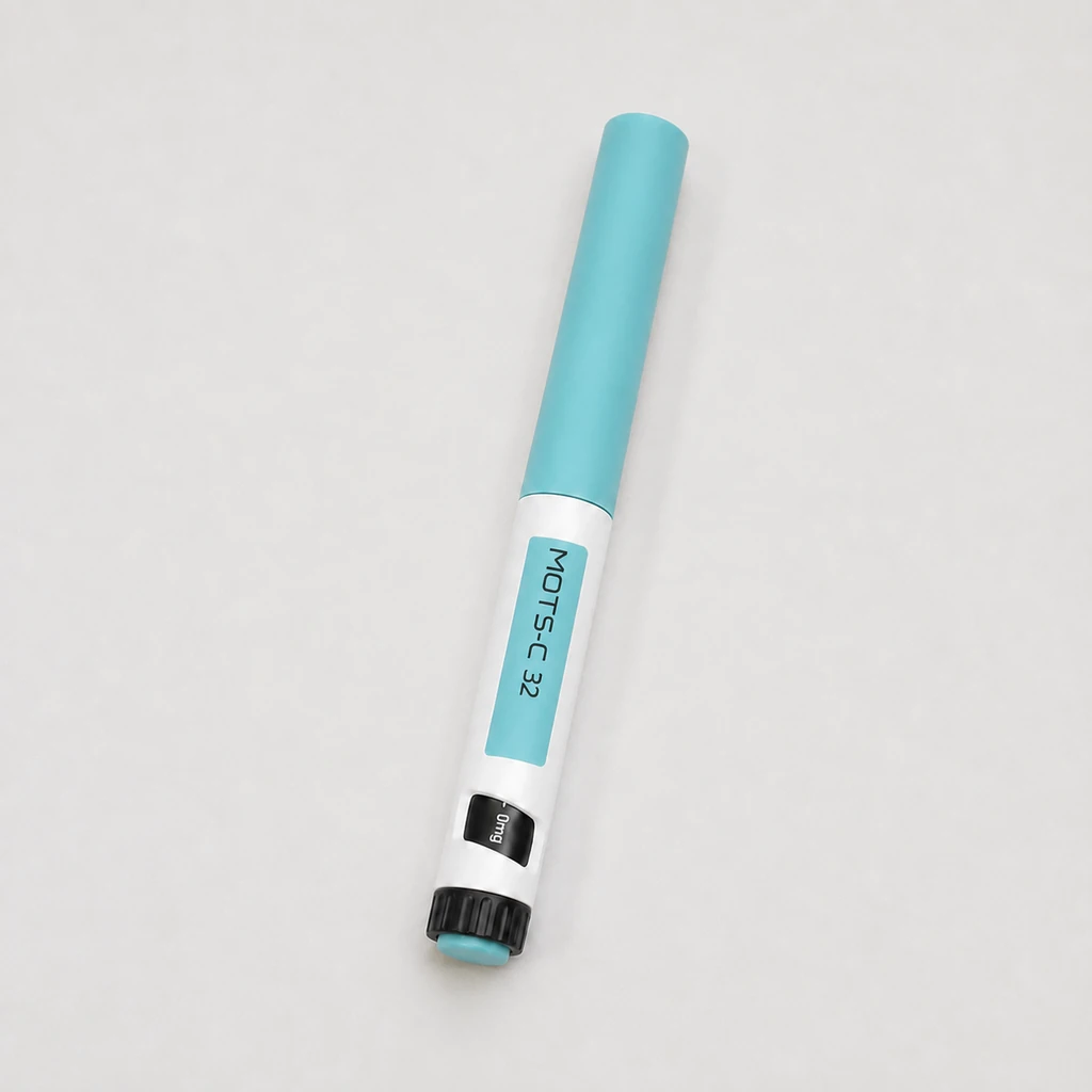 Peptides in Bali MOTS-C 32 pen resting on a light neutral studio surface.