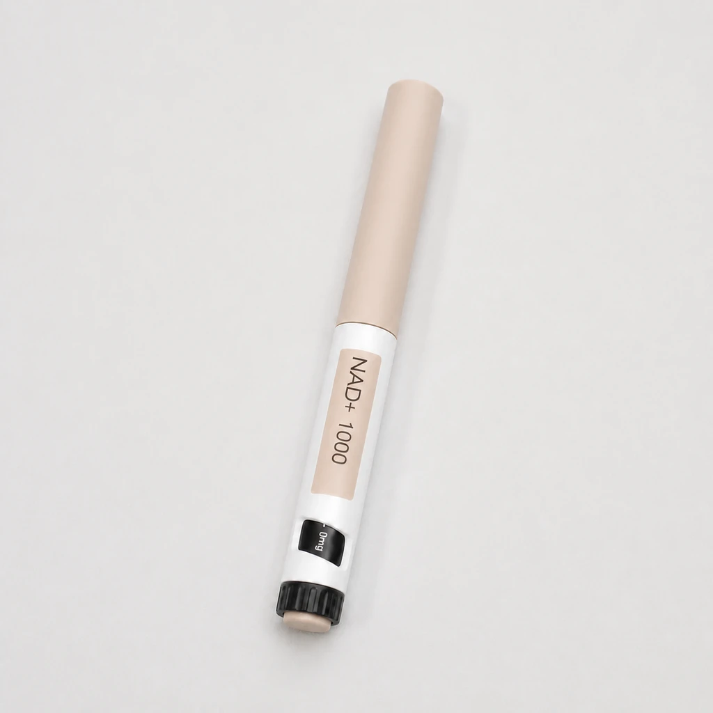 Peptides in Bali NAD+ 1000 pen resting on a light neutral studio surface.