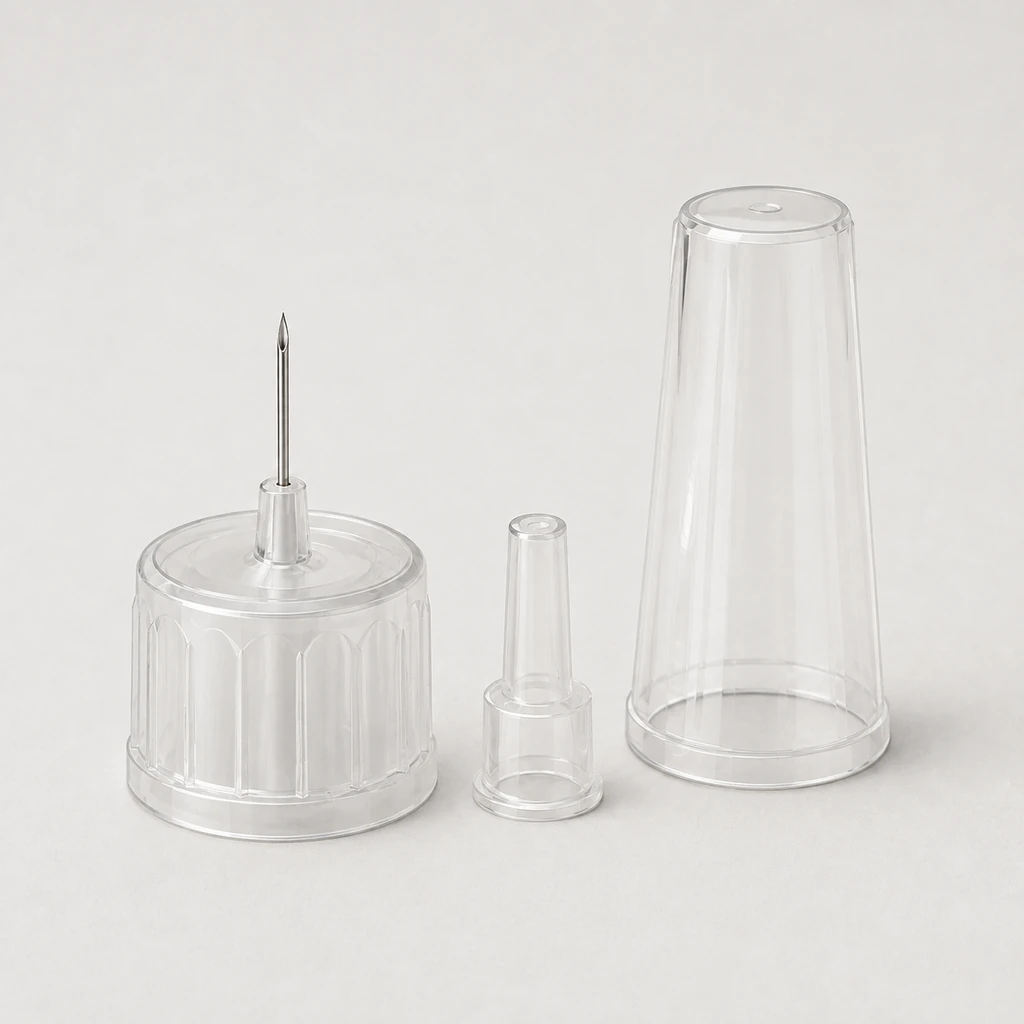 Illustration of a generic pen-needle attachment and protective caps.
