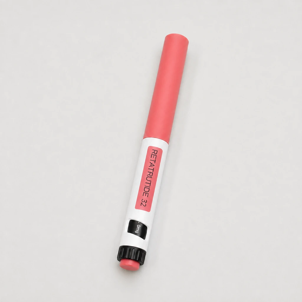 Peptides in Bali RETATRUTIDE 32 pen resting on a light neutral studio surface.