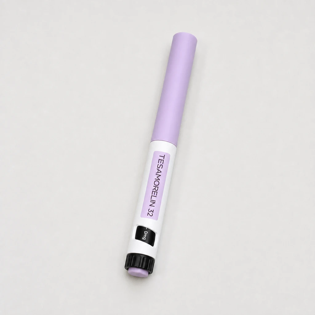 Peptides in Bali TESAMORELIN 32 pen resting on a light neutral studio surface.