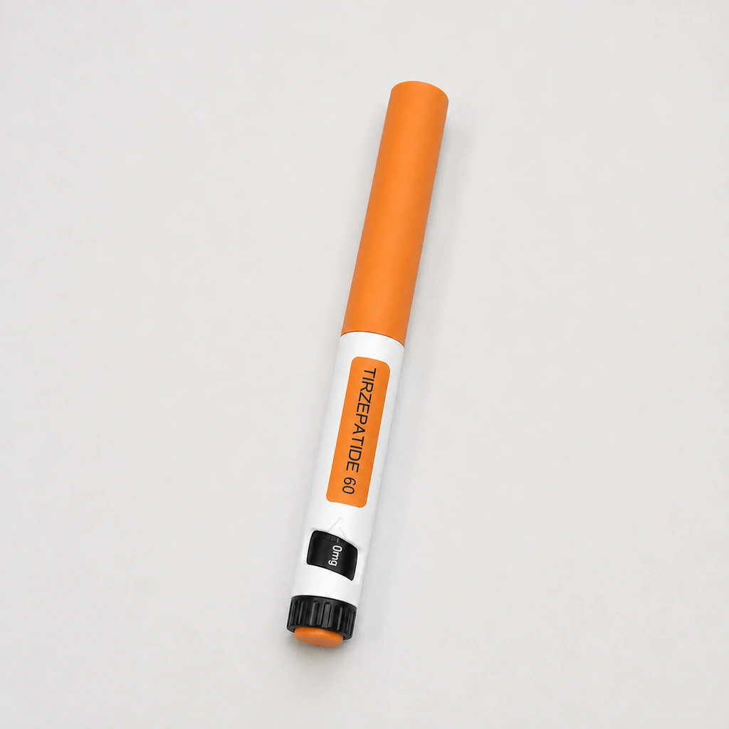 Peptides in Bali TIRZEPATIDE 60 pen resting on a light neutral studio surface.