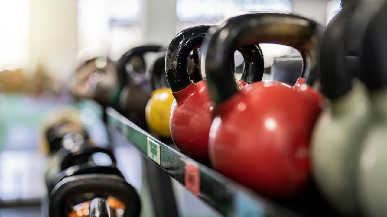 Kettlebells arranged on a rack