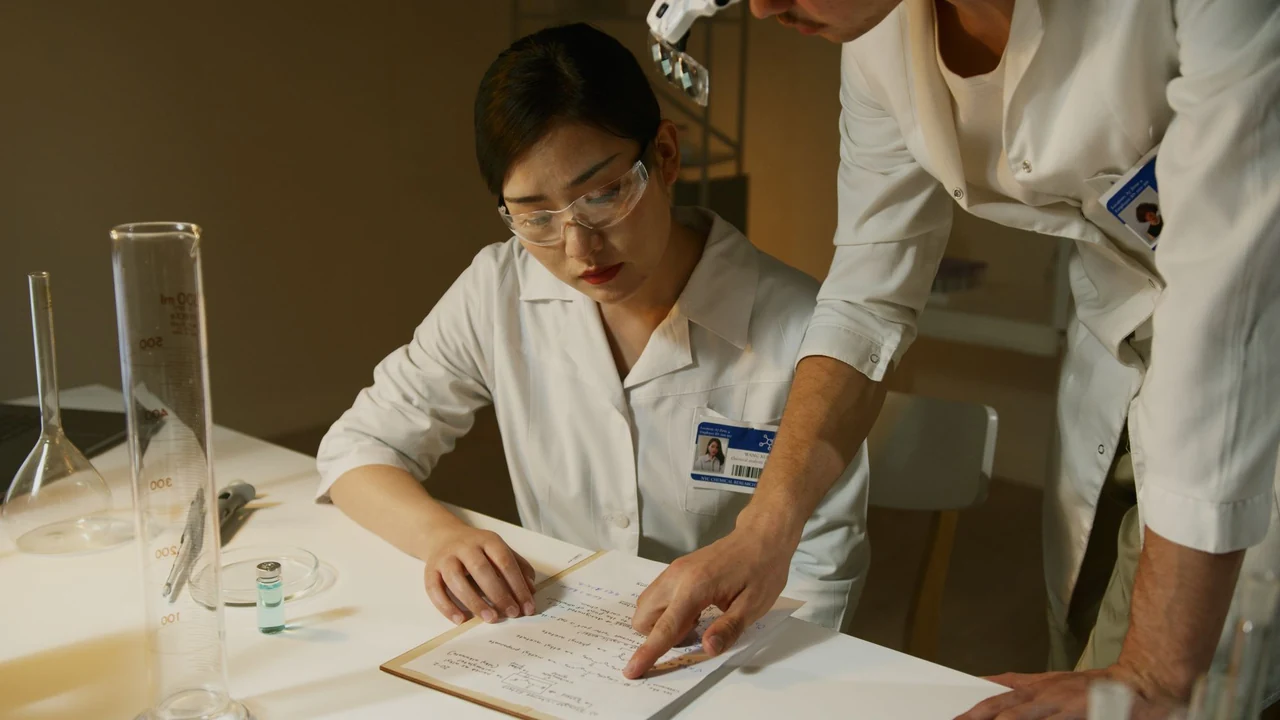 A researcher writing observations in a notebook.
