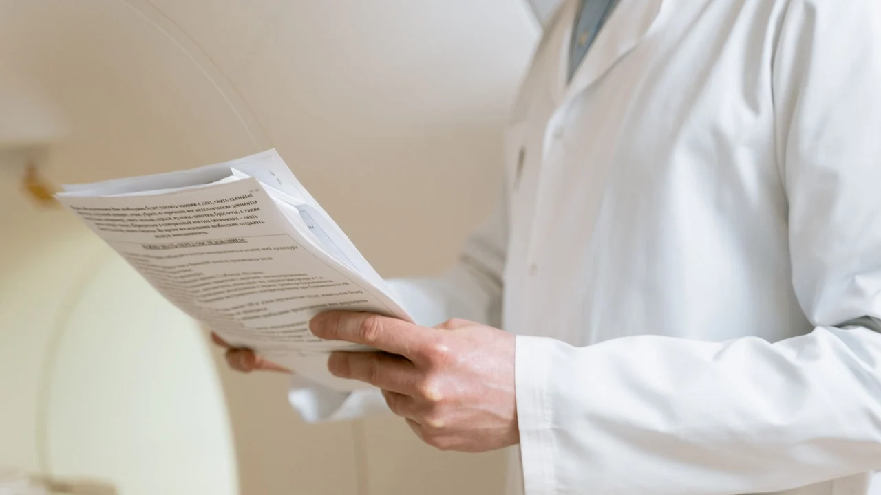 A clinician reviewing paperwork during an appointment.