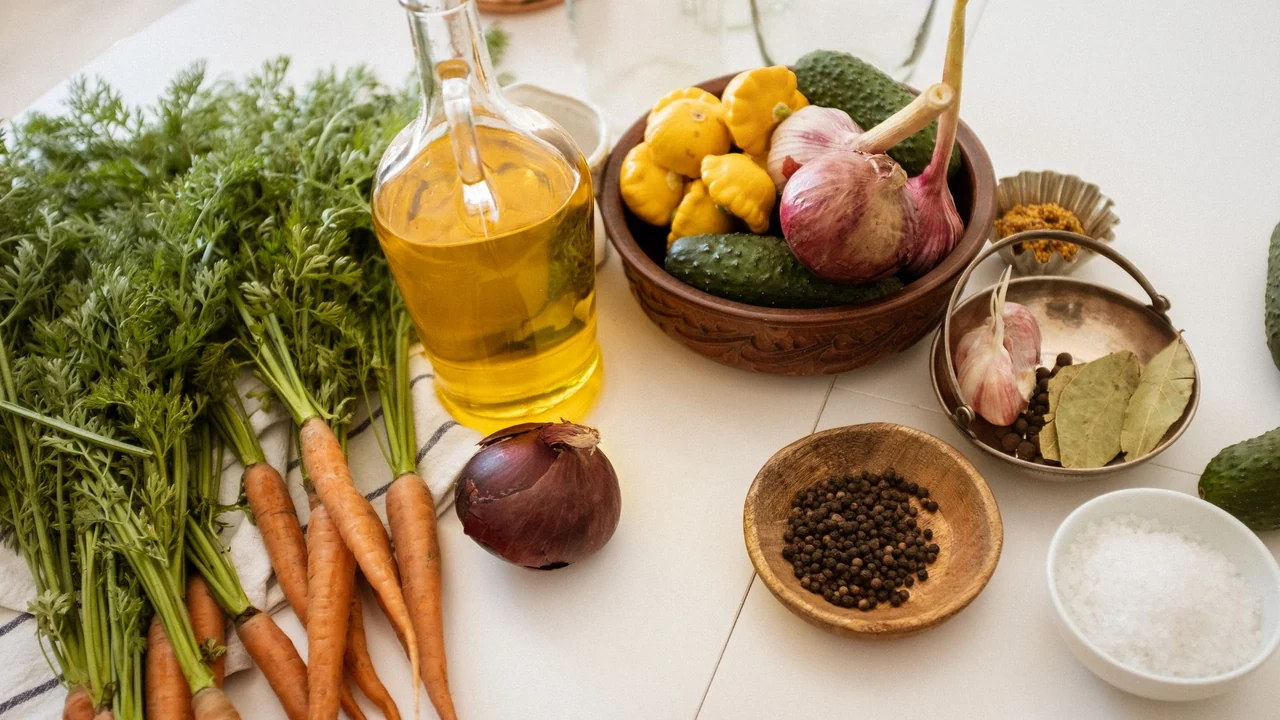 Olive oil and vegetables arranged on a kitchen surface.