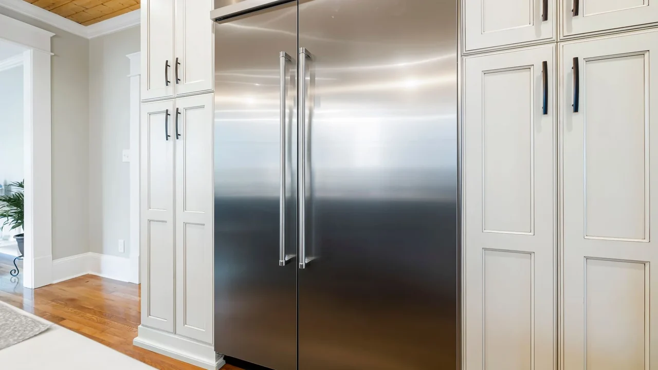 A kitchen with a closed refrigerator; illustrative storage photograph.