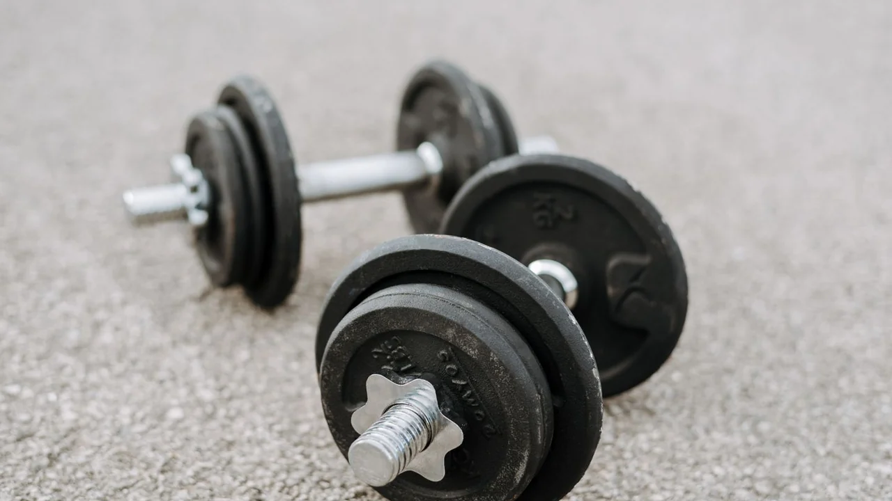 Two adjustable dumbbells on a pale carpet