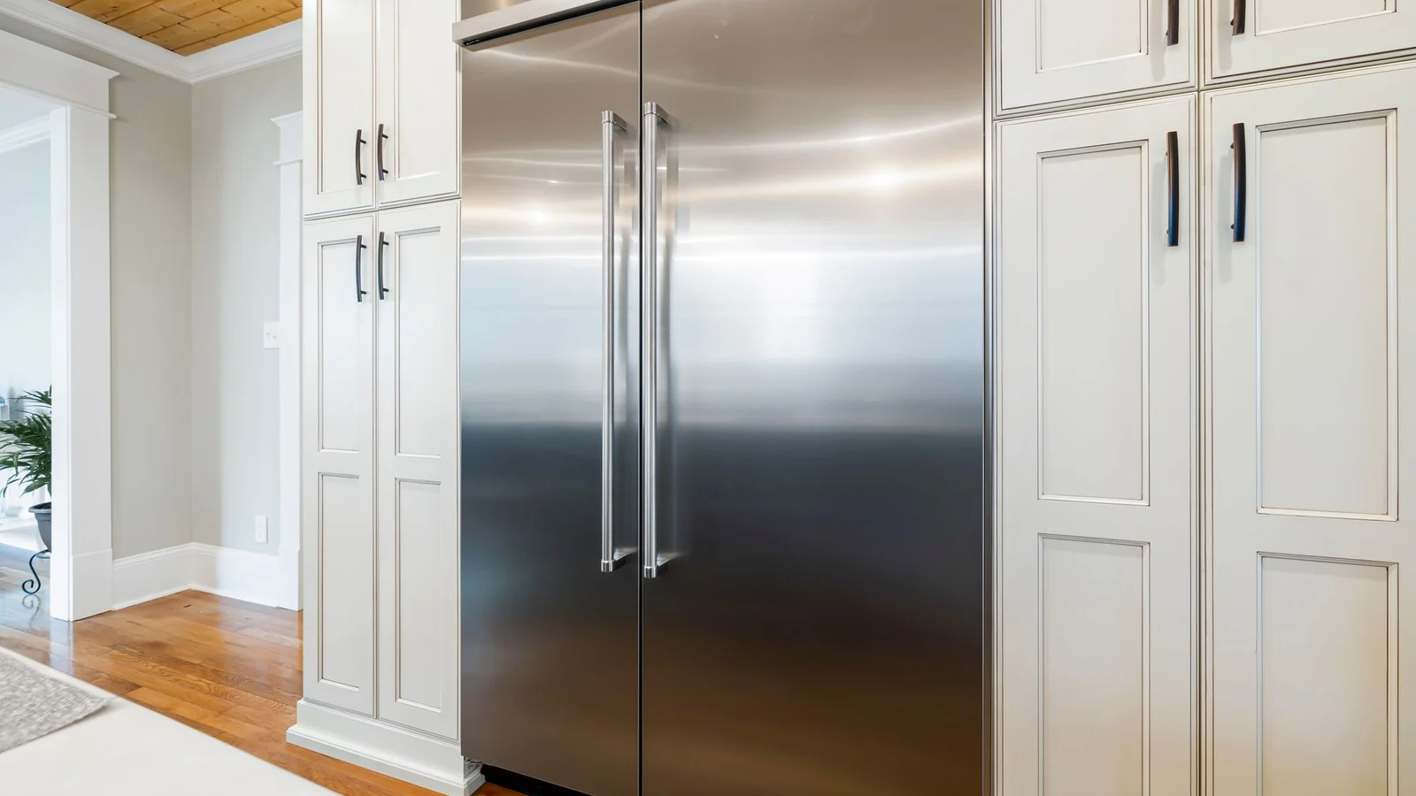 A kitchen with a closed refrigerator; illustrative storage photograph.