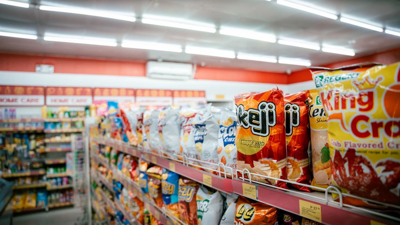 Packaged products on grocery shelves