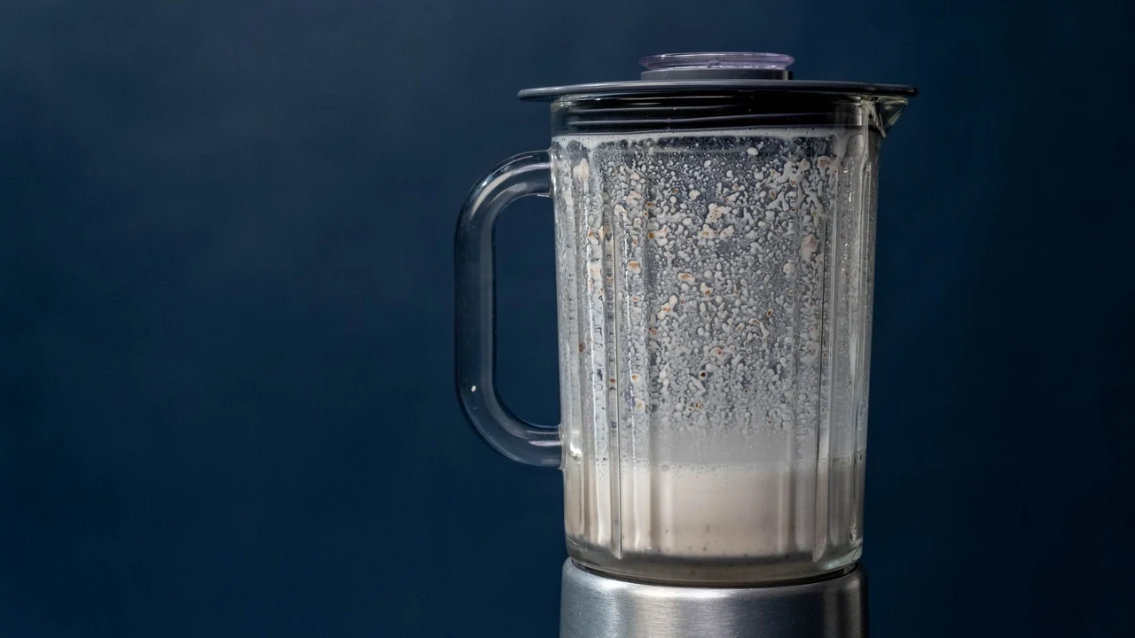 Blender jug containing a milky mixture.