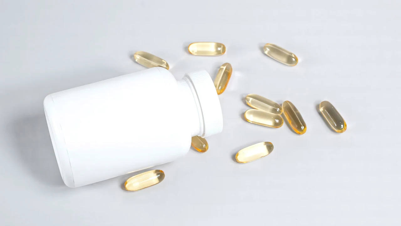 Golden softgel capsules beside an unlabelled white bottle