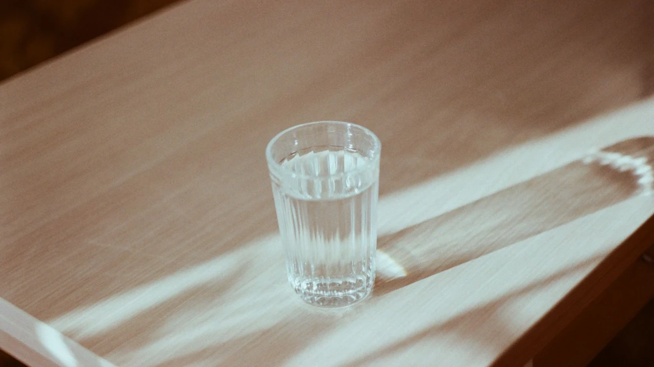 A glass of water on a wooden tabletop in daylight