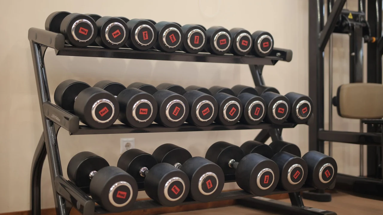 Dumbbells arranged by size on a gym rack