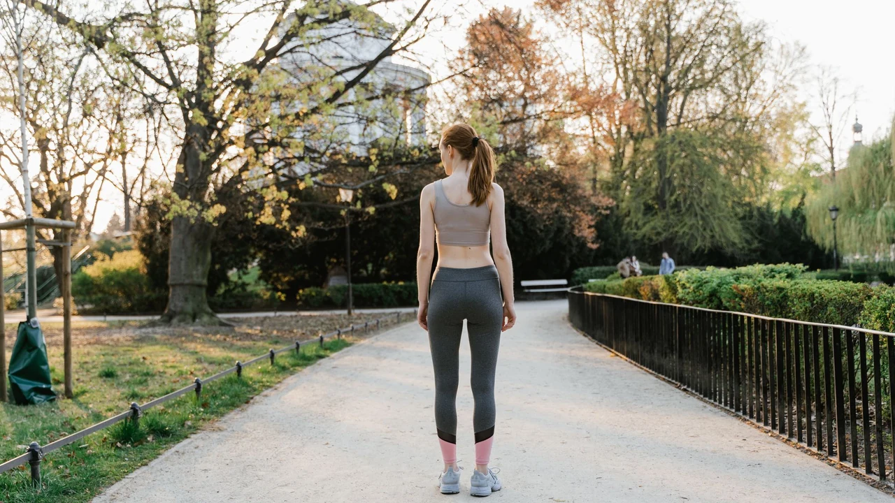 A woman walking along a park path