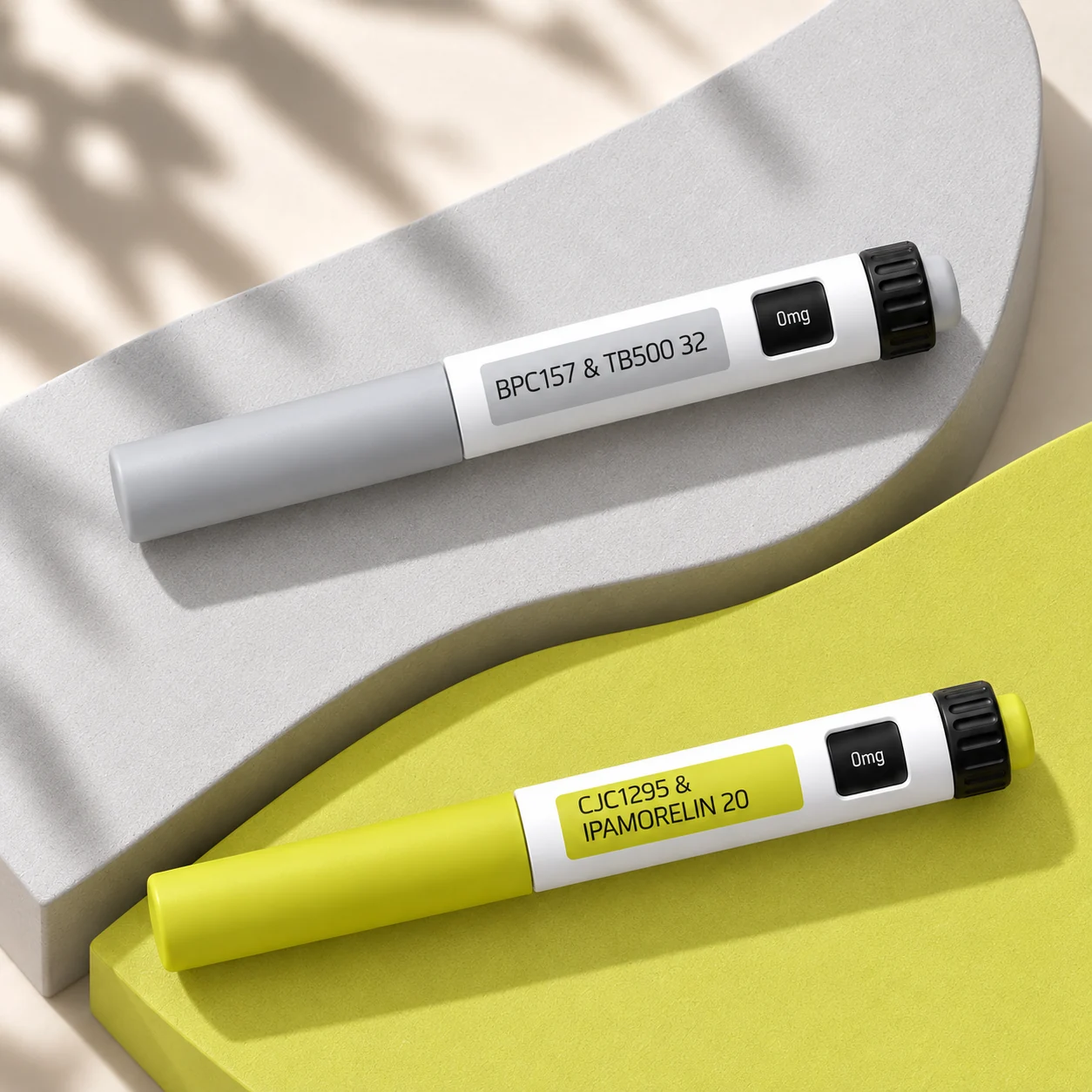 BPC-157 + TB-500 32 mg and CJC-1295 + Ipamorelin 20 mg closed pens on silver and chartreuse planes