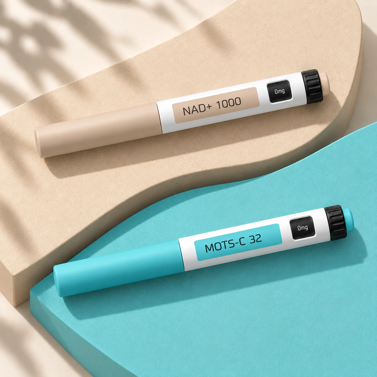 NAD+ 1000 mg and MOTS-C 32 mg closed pens on beige and turquoise planes