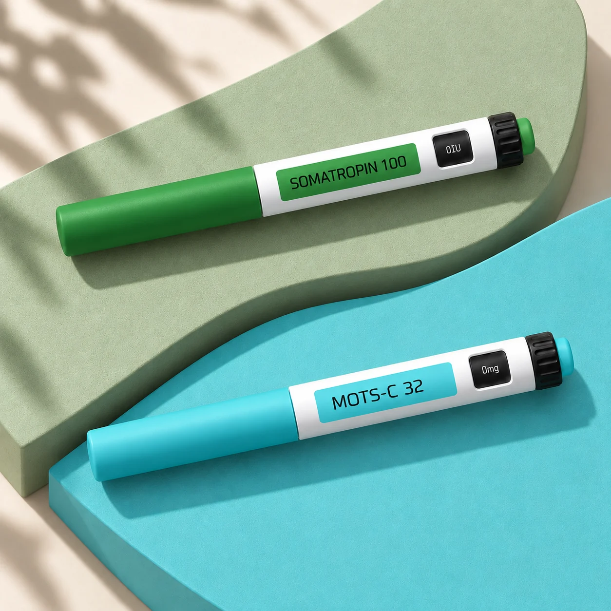 Somatropin 100 IU and MOTS-C 32 mg closed pens on green and turquoise planes