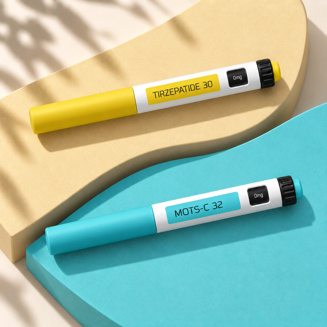 Tirzepatide 30 mg and MOTS-C 32 mg closed pens on yellow and turquoise planes
