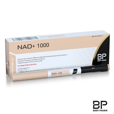 NAD+ 1000mg pen and labelled Body Pharm box on a white background