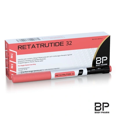 Retatrutide 32mg pen and labelled Body Pharm box on a white background