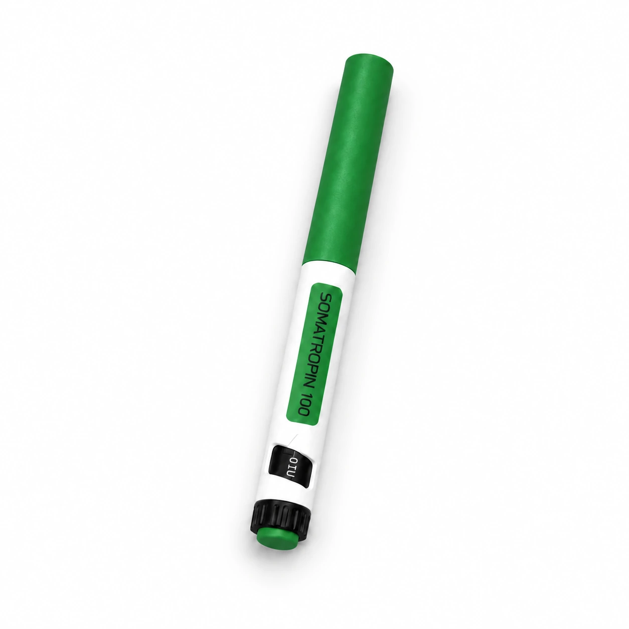 Somatropin 100 pen with a green cap, white barrel and black dose dial.