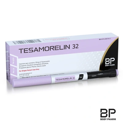 Tesamorelin 32mg pen and labelled Body Pharm box on a white background
