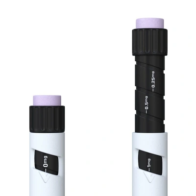Tesamorelin 32mg dose dial and printed markings in close-up