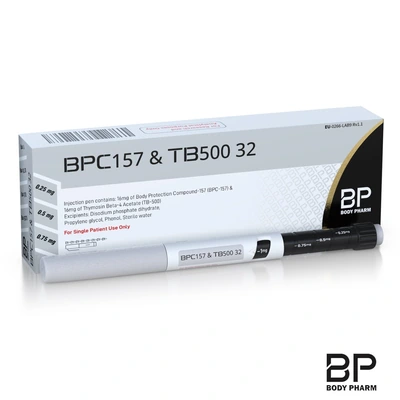 BPC157 & TB500 32mg pen and labelled Body Pharm box on a white background