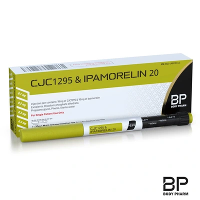 CJC + Ipamorelin 20mg pen and labelled Body Pharm box on a white background