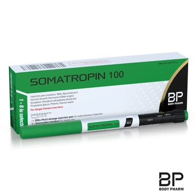 Somatropin 100iu pen and labelled Body Pharm box on a white background