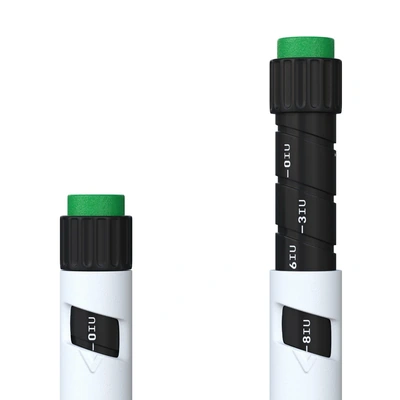 Somatropin 100iu dose dial with printed markings, close-up