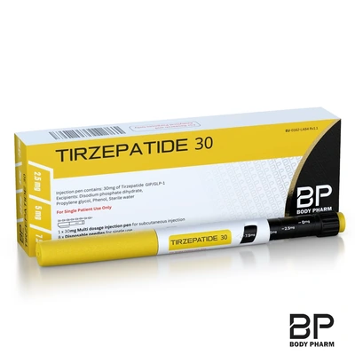 Tirzepatide 30mg pen and labelled Body Pharm box on a white background