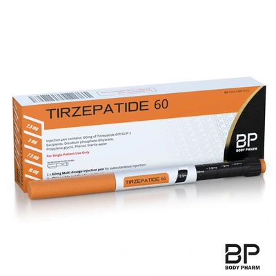 Tirzepatide 60mg pen and labelled Body Pharm box on a white background